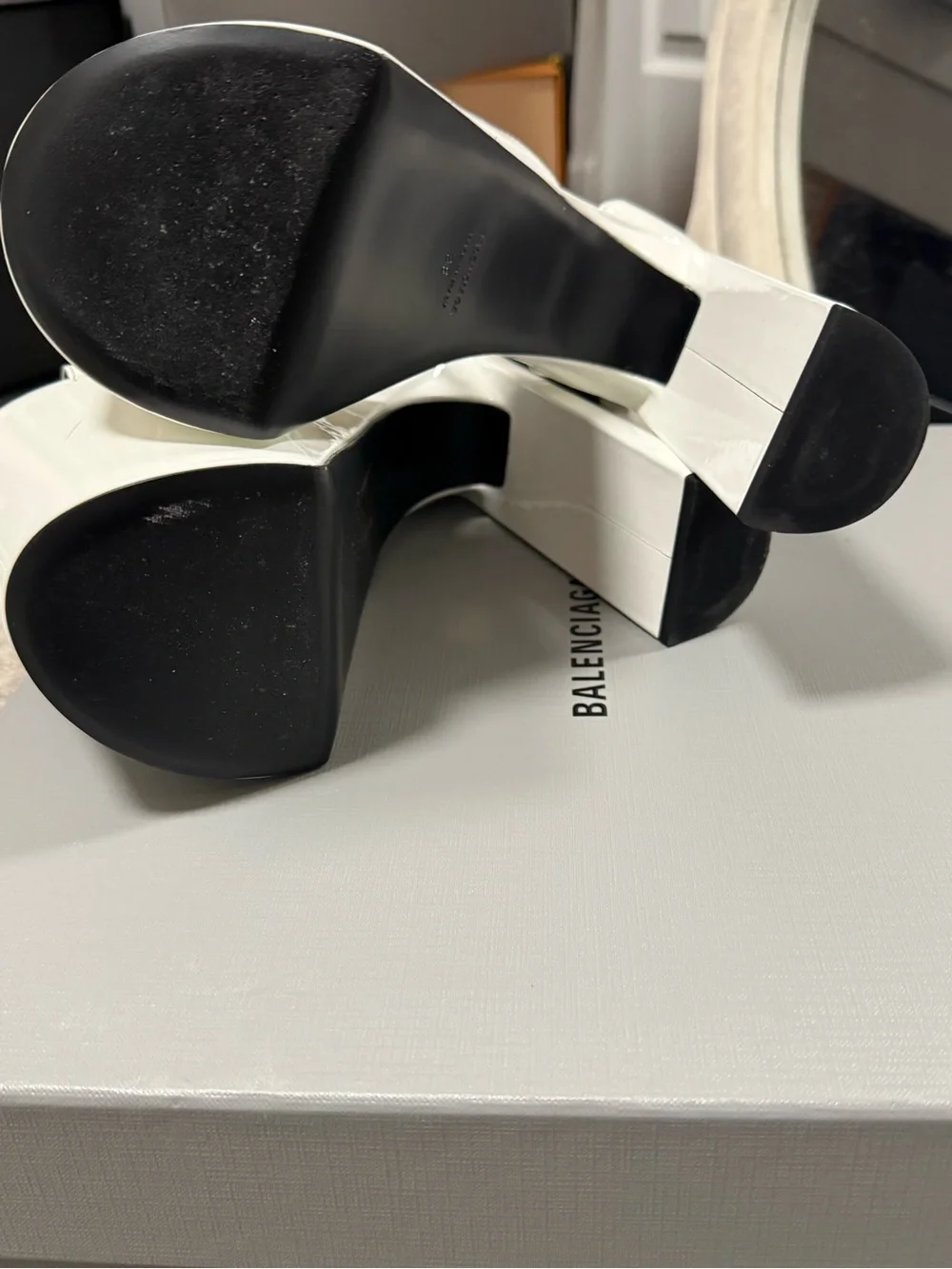 Balenciaga Women's White Patent Platform Peep-Toe Heels with Ankle Strap - Picture 5 of 6
